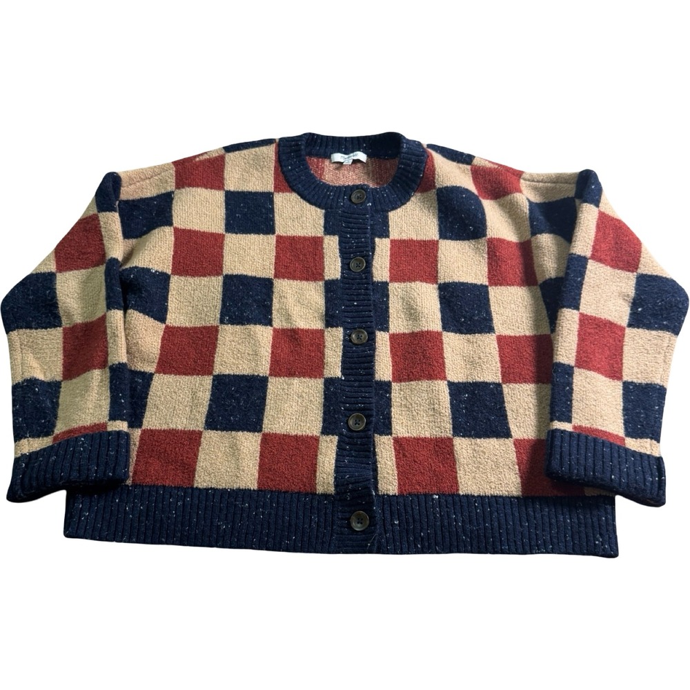 Madewell MA562 Checkerboard Cardigan Sweater M Rust Navy Tan Wool Blend